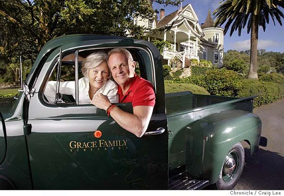 Grace Family Winery in St. Helena. Dick Grace and his wife, Anne Grace in their vintage pickup truck with their 1910 Victorian home in the background. Event on 5/17/04 in St. Helena. Craig Lee / The Chronicle