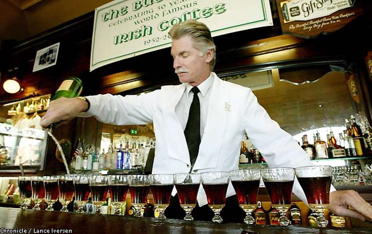 Larry Nolan a 30 year veteran of the Buena Vista Cafe, pouring Irish Coffee's completes a line of 16 as they celibate 50 years. The late Chronicle columnist Stan Delaplane convinced the owners of Buena Vista cafe to serve for the first time Nov 1952 Irish Coffee. By LANCE IVERSEN/SAN FRANCISCO CHRONICLE