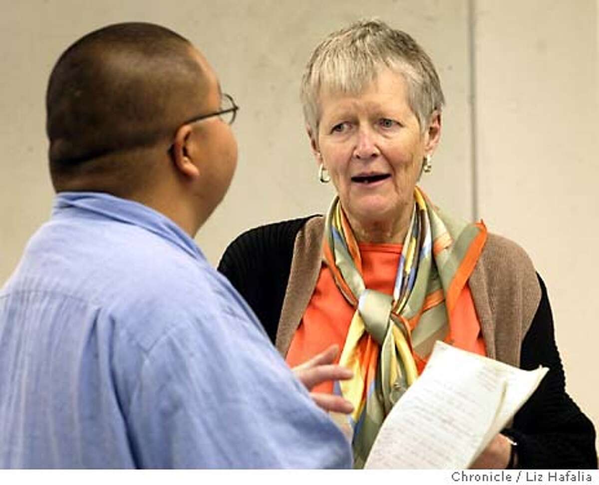 Judy Breen, who's taught at San Francisco State University for 35 years, talking with inmate Henry Frank during an English 101 class at San Quentin prison. Photo taken on 03/04/04 in Larkspur, CA. Photo By LIZ HAFALIA / The San Francisco Chronicle