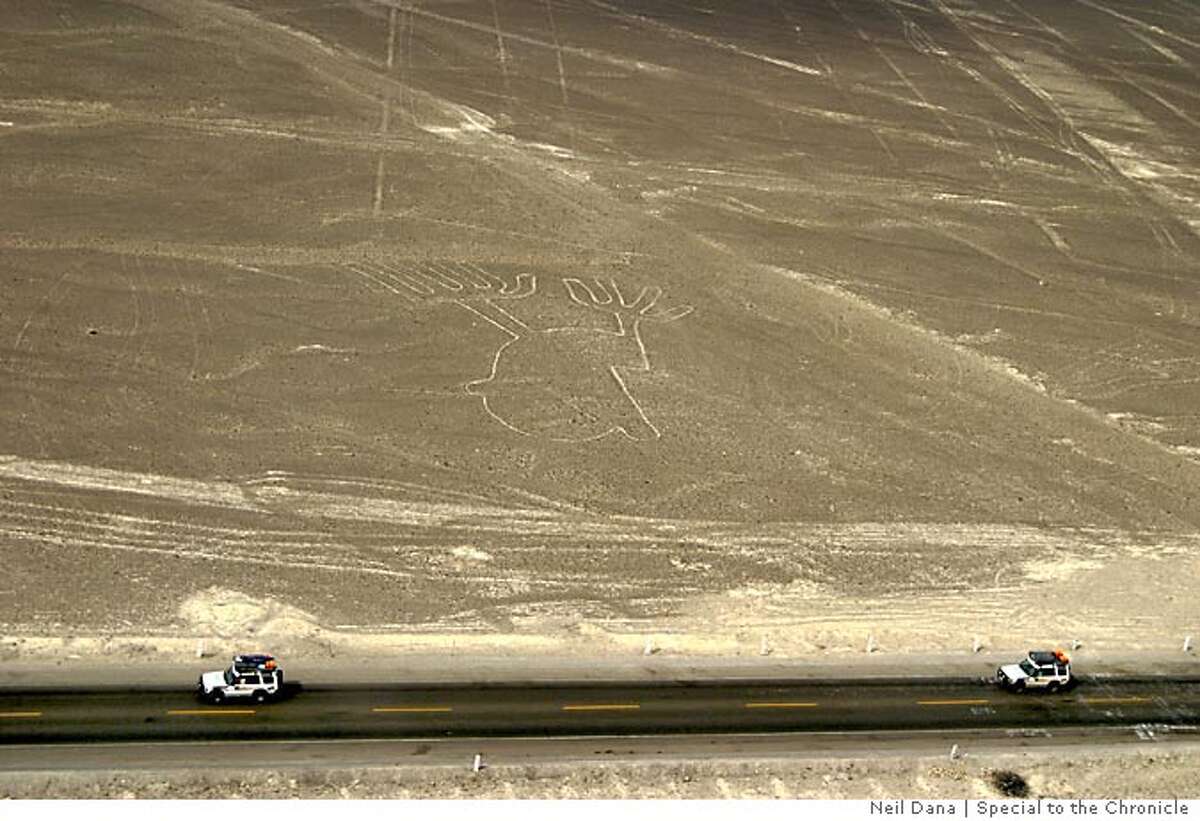 Huge line drawings etched by members of the Nazca civilization into the rocky soil bordering the Pan-American Highway. Photo by Neil Dana, special to the Chronicle