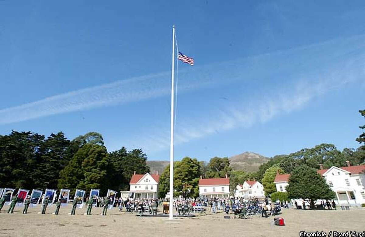 The American military flag flew over cermonies to include Ft. Baker in the GGNRA one last time...later the flag would be replaced by another American flag (which is the same) from the park service. By Brant Ward/Chronicle