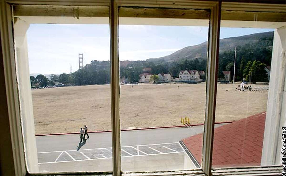A view from one of the buildings surrounding the great parade ground at Fort Baker shows the open space and military-style housing which dots the landscape. By Brant Ward/Chronicle