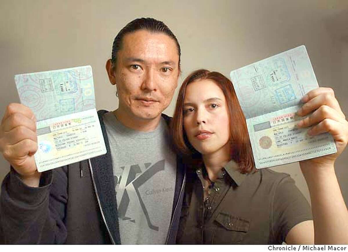Richard and Angela hold the passports that contain the Visas for Japan. Richard Nishizawa and Angela Luna were students in Japan and were leaving the country when they were stopped at the airport and were arrested and detained after they were found to be holding expired Visas. Their Visas it turned out had expired 2 weeks before. event on 5/8/04 in Lafayette Michael Macor / San Francisco Chronicle