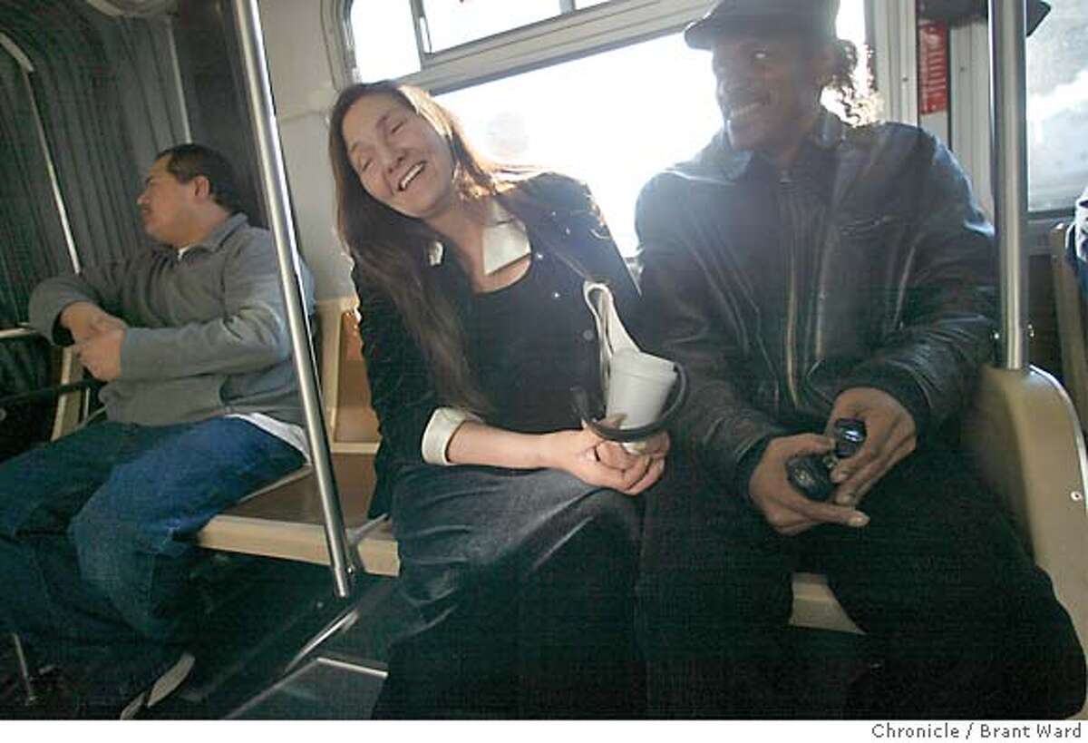 housing001_bw.jpg Barbara Spillane, left, enjoys a light moment with Mac, a friend, on the Muni bus on the way to San Francisco General Hospital where they both receive care and counseling. Barbara Spillane is a longtime homeless woman who now receives support housing at the Windsor Hotel on Eddy Street in San Francisco. BRANT WARD / The Chronicle MANDATORY CREDIT FOR PHOTOG AND SF CHRONICLE/ -MAGS OUT