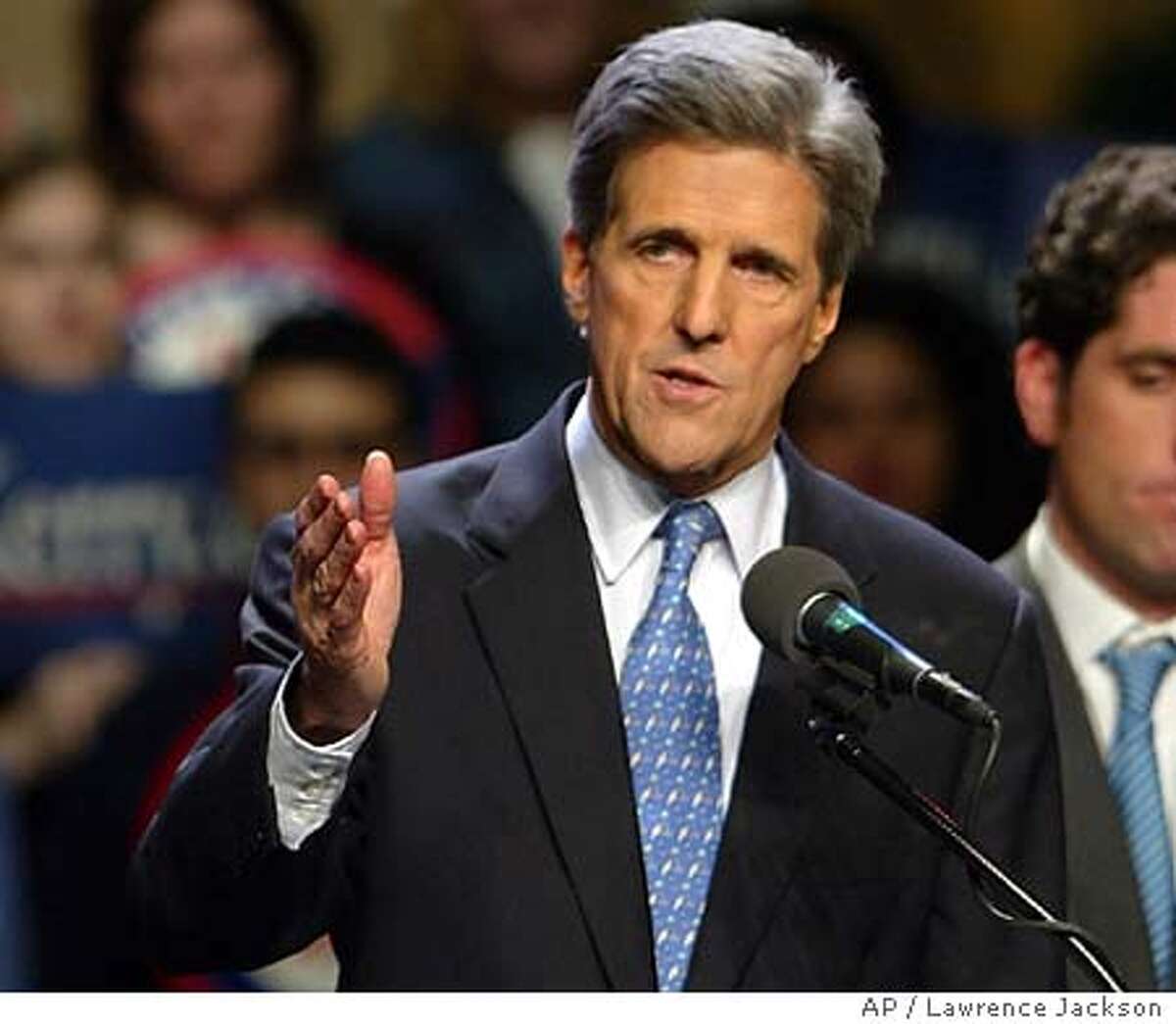 Democratic presidential hopeful Sen. John Kerry, D-Mass., makes remarks on the victories of his campaign for the Democratic presidential nomination, Tuesday, March 2, 2004, in Washington. (AP Photo/Lawrence Jackson)