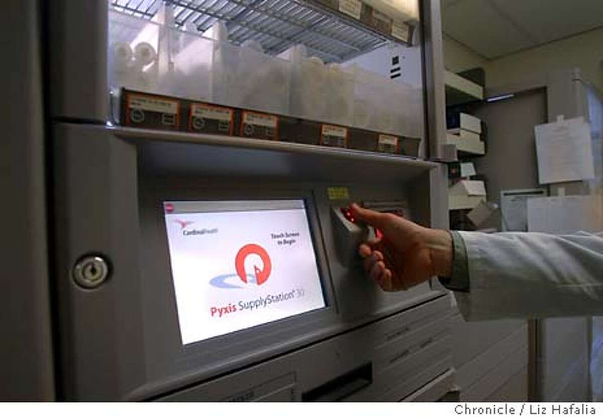 A medical supply cabinet that opens with biometric thumbprint ID. El Camino Hospital has high tech equipment which hospitals say improve efficiencies, reduce error rates and improve overall health care quality. Shot on 2/17/04 in Mountain View. LIZ HAFALIA / The Chronicle