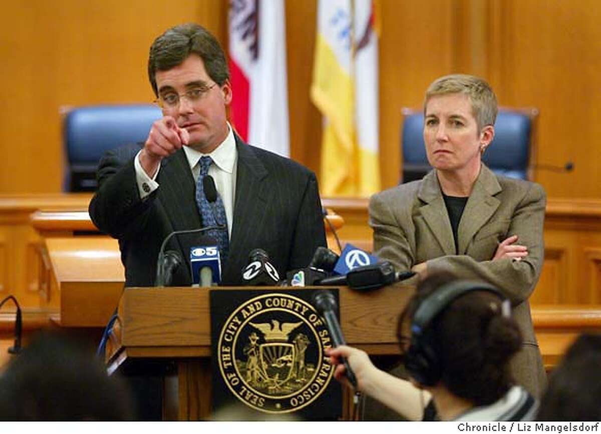 A69C1281.JPG San Francisco City Attorney Dennis Hererra, left, and Sf Chief deputy Attorney Therese Stewart answer questions for the media after they have filed a lawsuit against the State of California regarding same-sex marriages. Event on 2/19/04 in San Francisco. LIZ MANGELSDORF / San Francisco Chronicle City Attorney Dennis Herrera (left) and Chief Deputy City Attorney Therese Stewart answer questions from the media after filing the city's lawsuit.