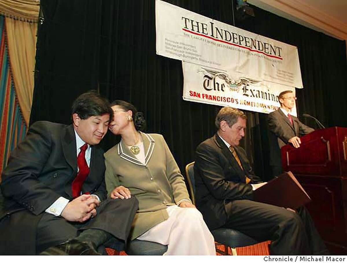 James Fang and his mother Florence Fang attend a press conference to tell of the sale of the San Francisco Examiner to Phil Anschutz. Bob Starzel, Chairman SF Newspaper Company, (center) as Scott McKibben, President/Publisher SF Newspaper Company, explains the deal. Billionaire investor and Qwest Communications founder Phil Anschutz has purchased the San Francisco Examiner from the Fang family and intends to rebuild the once mighty daily. event on 2/19/04 in San Francisco Michael Macor / San Francisco Chronicle