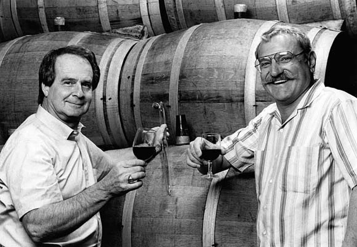 Warren Winiarski (left) of Stag's Leap Wine Cellars and Carl Damani of Stag's Leap Winery, in 1986.