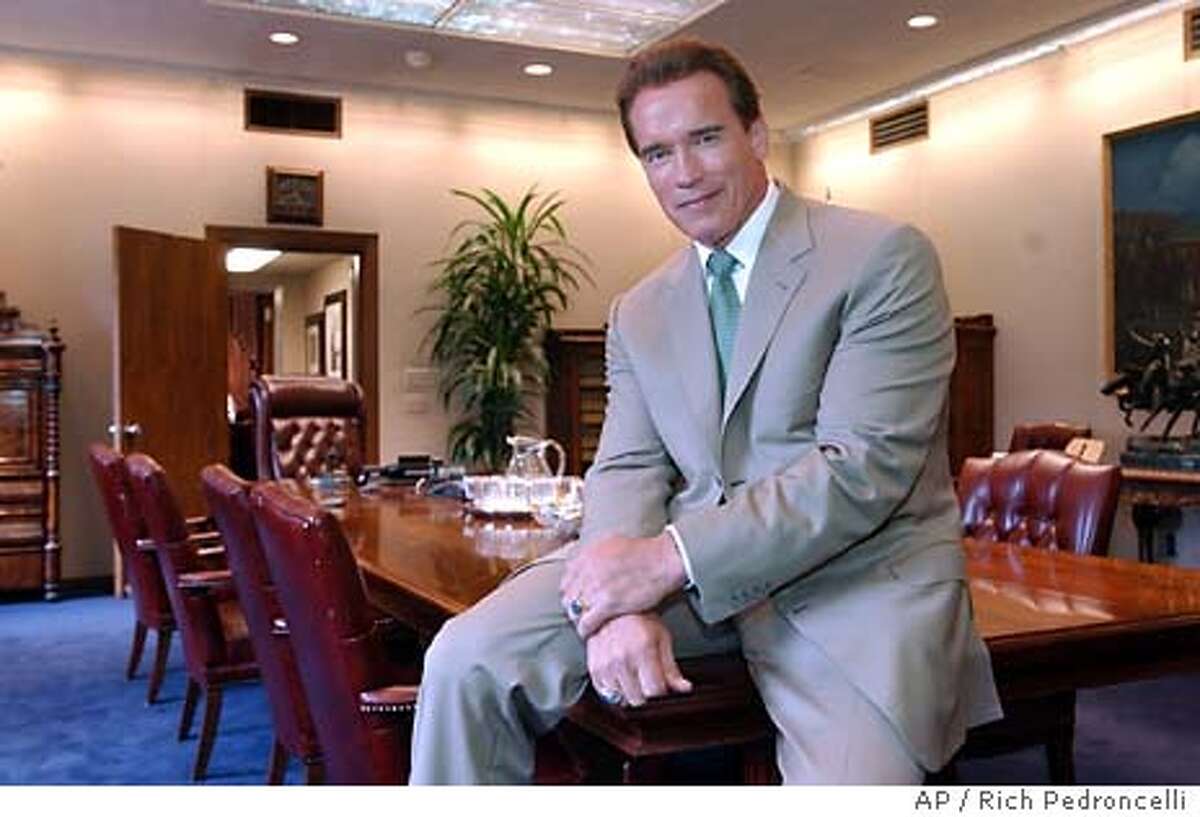 California Gov. Arnold Schwarzenegger is seen in his Capitol office in Sacramento, Calif., Tuesday, March 30, 2004. (AP Photo/Rich Pedroncelli)