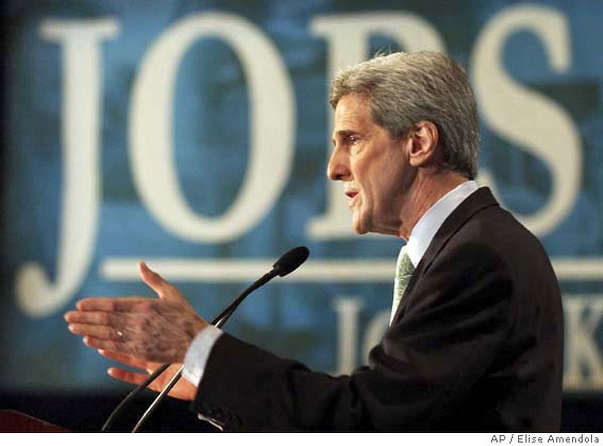 Democratic presidential candidate Sen. John Kerry, D-Mass., gestures as he delivers a speech on jobs and the economy at Wayne State University in Detroit Friday, March 26, 2004. (AP Photo/Elise Amendola)