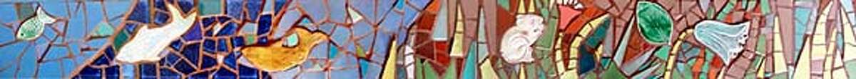 样品与手工瓷砖,马赛克面板由科莱特搅和机和艾琳巴尔,艺术家的设计被选中的项目16大道平铺的步骤。/讲义