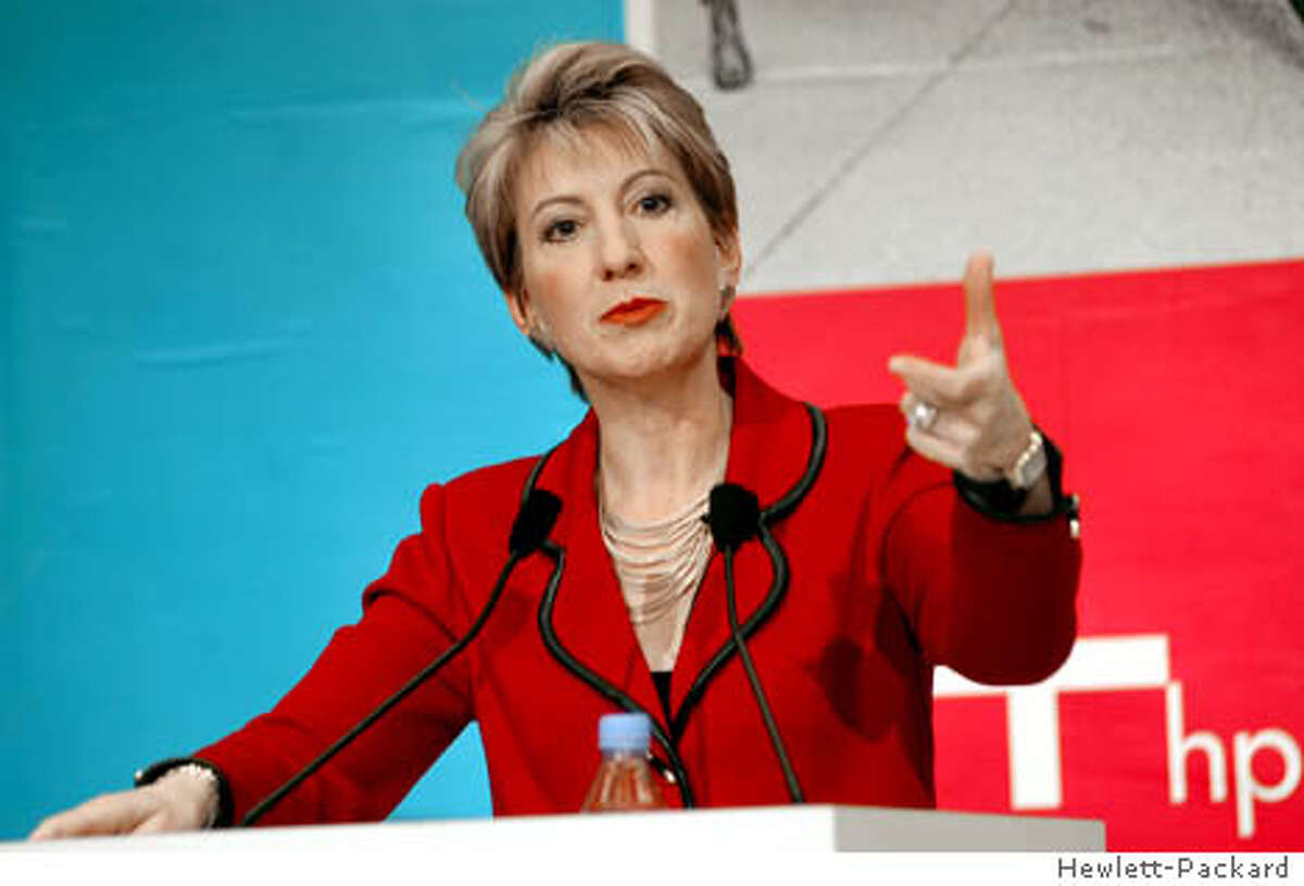 Carly Fiorina, chairman and CEO of the Hewlett-Packard Company, gestures during a promotional event in Shanghai March 10, 2004. Hewlett-Packard Co expects to become the second-or third-largest player in China's booming personal computer and laptop markets by 2008, a senior company executive said on Wednesday. FOR EDITORIAL USE ONLY REUTERS/HP-Handout 0