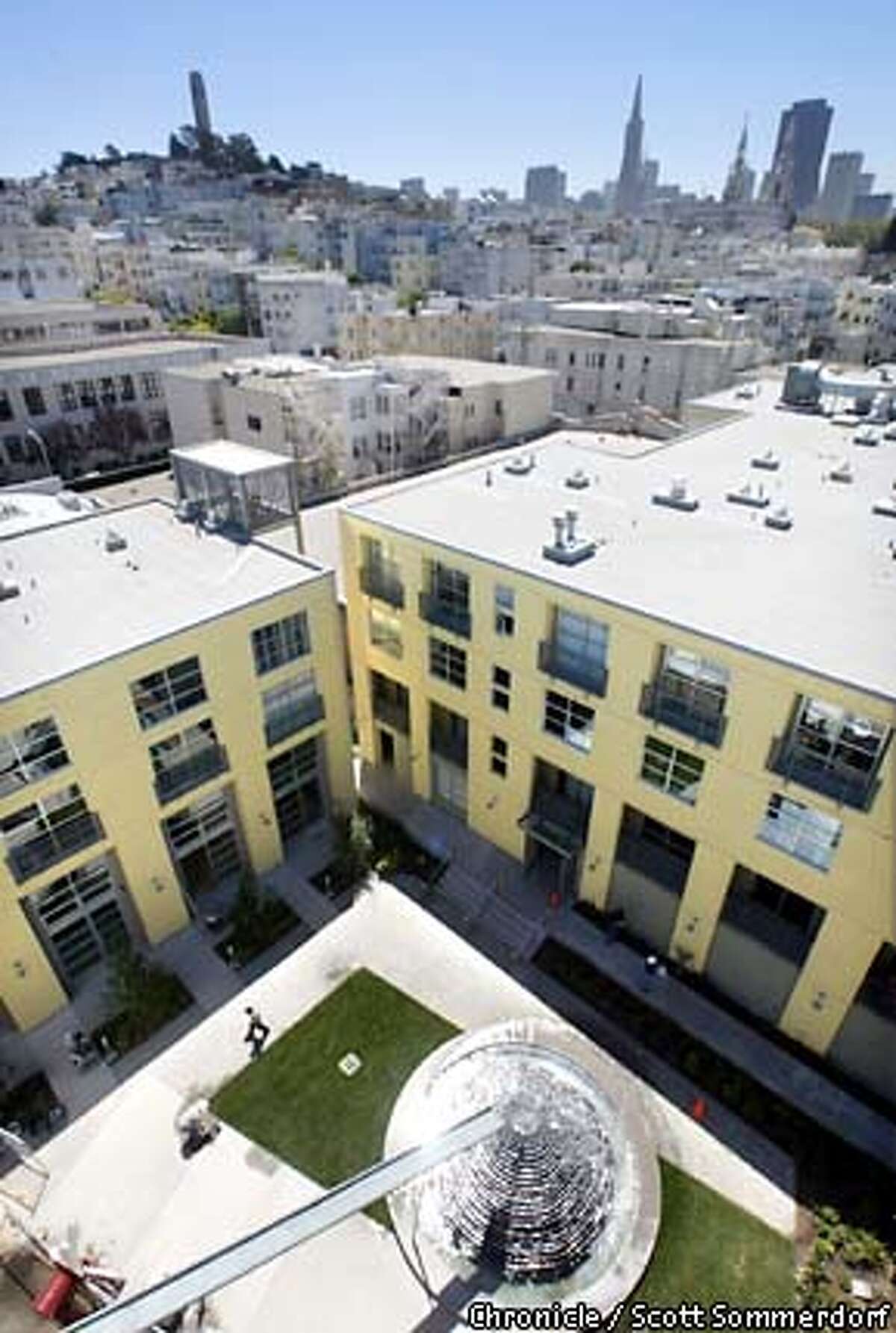 A view of the Malthouse complex from the roof of the building that borders Chestnut. Looking down on the courtyard and the fountain. (SF CHRONICLE PHOTO BY SCOTT SOMMERDORF)