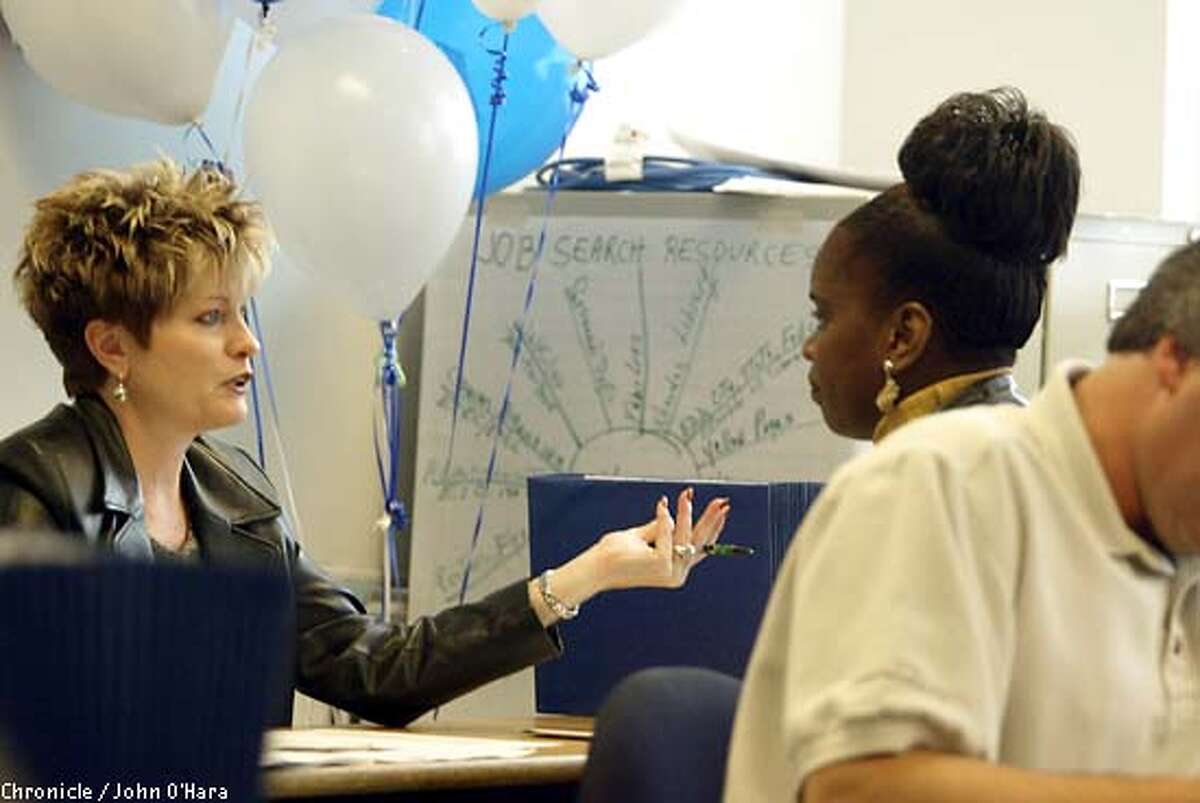 Express to Employment Center, 1570 Mission St. San francisco. CONTACT:Maureen Davidson 760-1514. Albertson interviewer, Shelly Gegenheimer 'cq.' interviews Angela Johnson of San Francisco. Angela made the interview and was awared a position with Albertson. Photo/John O'Hara