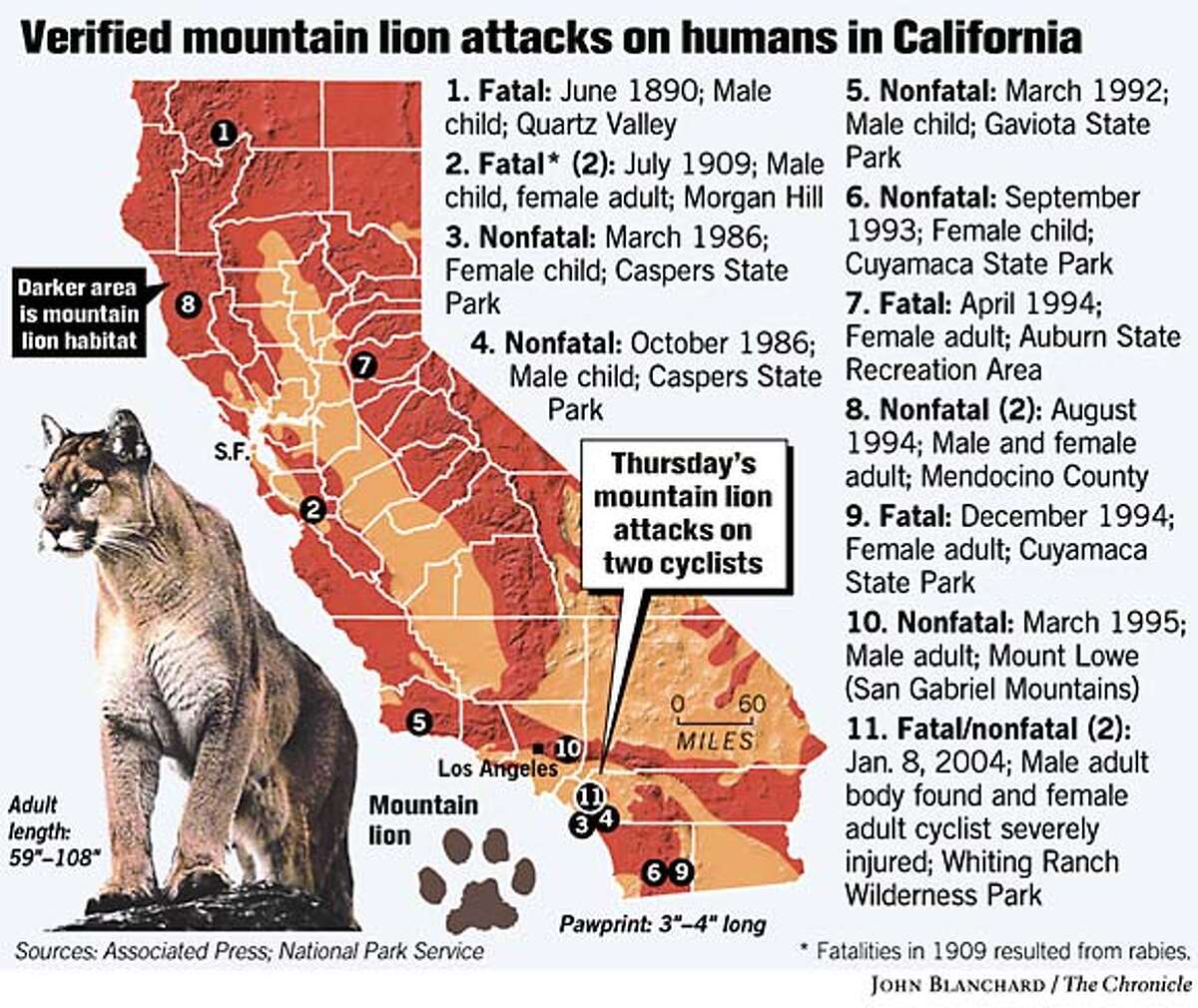 Mountain lion attacks kill 1, injure 1 / Orange County bicyclists