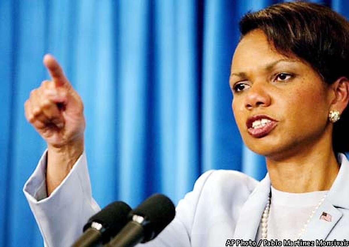 National Security Adviser Condoleezza Rice gestures during a presss briefing at the White House Thursday May 16, 2002 in Washington. Rice said that President Bush had received general, nonspecific information during a vacation briefing at his ranch Aug. 6 that bin Laden's group was considering hijackings, and he never considered making the information public. (AP Photo/Pablo Martinez Monsivais)