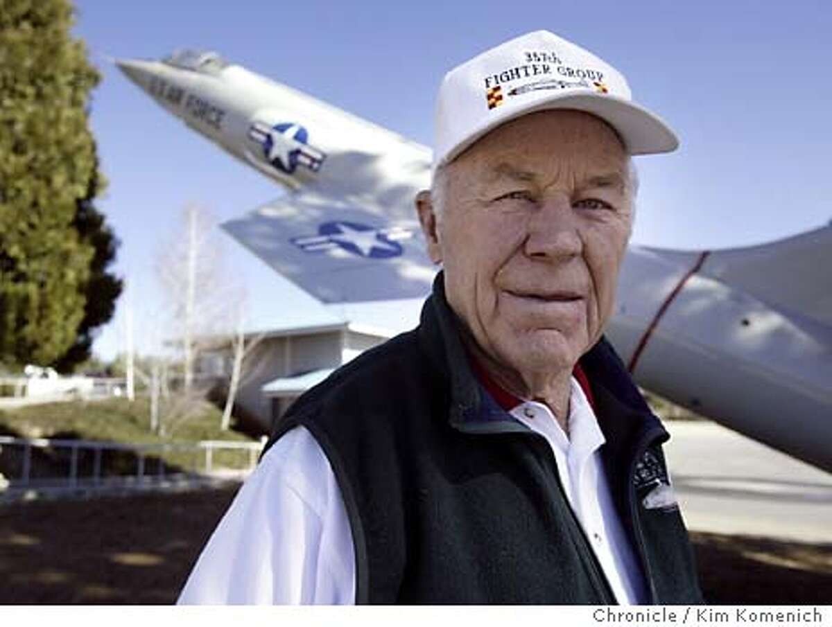 Yeager stands in front of an F-104 fighter that will be part of a monument in his honor at the Nevada County Airport. Much to the dismay of his adult children, celebrated test pilot Gen. Chuck Yeager has married 45 year-old Victoria D'Angelo and is gearing his life (and, many assume, his money) toward her. The couple lives in Penn Valley, near Grass Valley. Photo by KIM KOMENICH/The Chronicle in Penn Valley