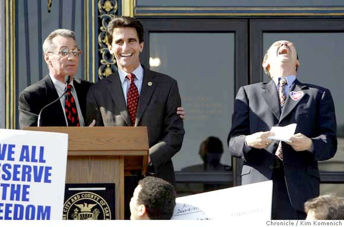 Supporters of the San Francisco same sex marriage legislation rally at City Hall. L to R, Supervisor Tom Ammiano makes a marriage joke with State Assemblyman Mark Leno, and Supervisor Bevan Dufty reacts. Photo by Kim Komenich in San Francisco.