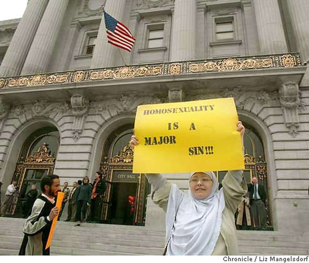 Event at San Francisco on 2/13/04. A small group of protestors from Al-Sabeel in San Francisco, came out in front of city hall to protest the marriages, including Ariel Zitoun, from San Francisco. Same Sex marriages continue to be performed at City Hall. Liz Mangelsdorf/ The Chronicle