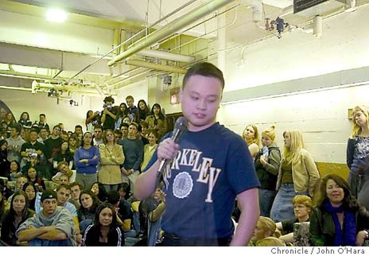 William Hung, a junior at UC Berkeley majoring in civil engineering, sings during open mike night at Clark Kerr Dormitory. Chronicle photo by John O'Hara