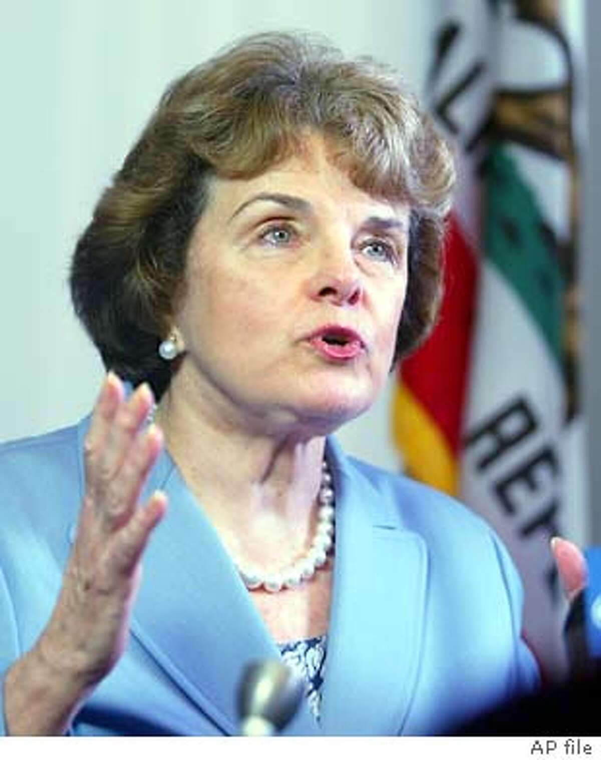 Sen. Dianne Feinstein, D-Calif., discusses the recall vote at her offices in San Francisco, Wednesday, Oct. 8, 2003. (AP Photo/George Nitikin) ALSO RAN 11/26/2003 Sen. Dianne Feinstein called the actions by the financial industry diabolical. Photo caption privacy22_PH1097107200APSen. Dianne Feinstein, D-Calif., discusses the recall vote at her offices in San Francisco, Wednesday, Oct. 8, 2003. (AP Photo-George Nitikin) Dianne Feinstein warned that the country appears arrogant. Dianne Feinstein warned that the country appears arrogant. Politics#MainNews#Chronicle#11/4/2003#ALL#5star#A14#0421429744 Sens. Dianne Feinstein (left) and Barbara Boxer fought for the state's privacy law. Nation#MainNews#Chronicle#11/6/2003#ALL#3star##0421429744 Sen. Dianne Feinstein, seeking to renew her weapons ban, says tougher laws have no chance.