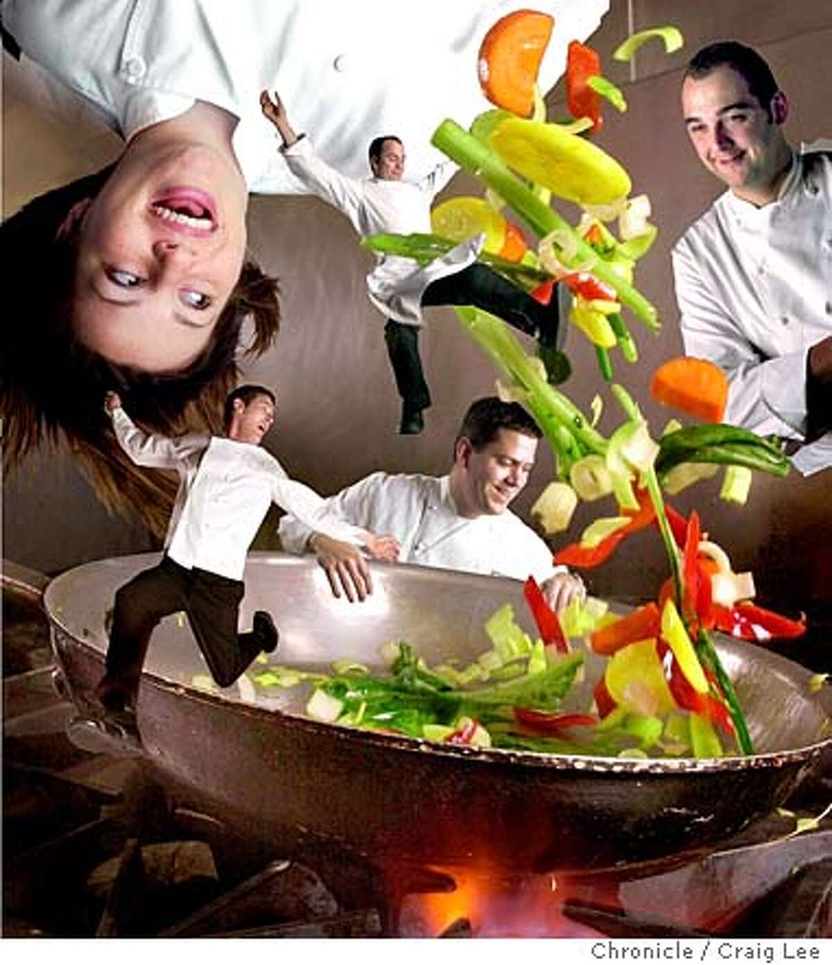 Frying pan with vegetables flying in the air. This photo is for a conceptual photo of five "rising chefs" flying out of the pan by photoshoping them in. This photo was done in the kitchen at the Bambuddha Lounge which inside of the Phoenix Hotel on Eddy street in San Francisco. Event on 12/16/03 in San Francisco. CRAIG LEE / The Chronicle