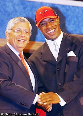 Jay Williams, of Duke University, shakes hands with NBA Commissioner David  Stern after being picked second in the NBA Draft by the Chicago Bulls,  Wednesday, June 26, 2002, in New York. (AP