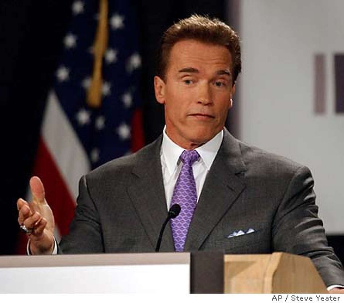 Gov. Arnold Schwarzenegger answers a question from a reporter after speaking at the Sacramento Press Club's luncheon in Sacramento, Calif., on Tuesday, Jan. 27, 2004. The Governor talked about a variety of issues before answering questions from the audience.(AP Photo/Steve Yeater)