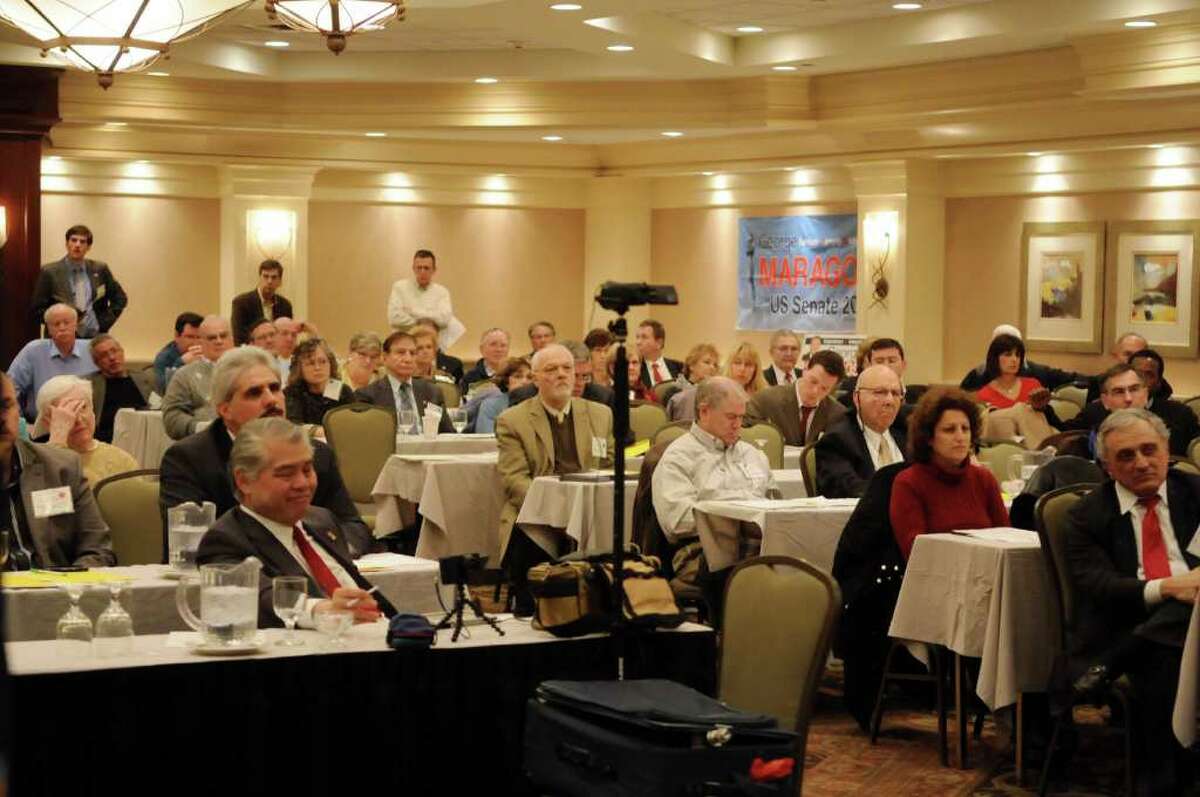 Members of the Conservative Party of New York State listen as former political candidate Herbert London addresses them at their conference on Sunday, Jan. 29, 2012 at the Holiday Inn in Albany, NY. (Paul Buckowski / Times Union)