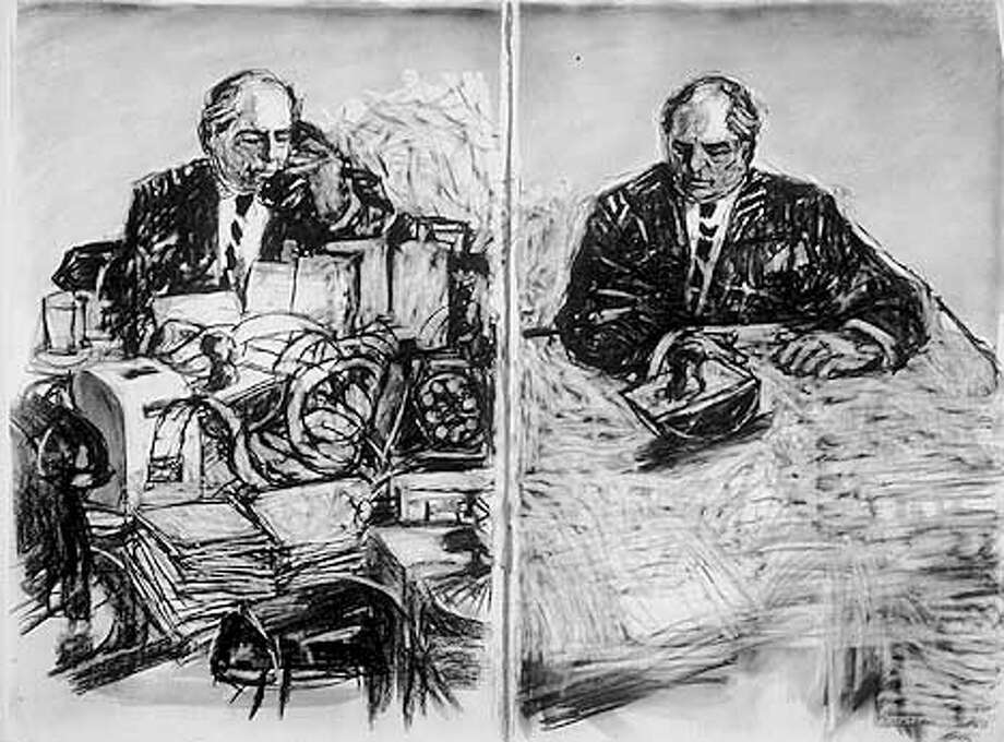 SOHO ECKSTEIN AT DESK ON TELEPHONE
 by William Kentridge, 1999
 Drawing for the film STEREOSCOPE
 Charcoal and pastel on paper