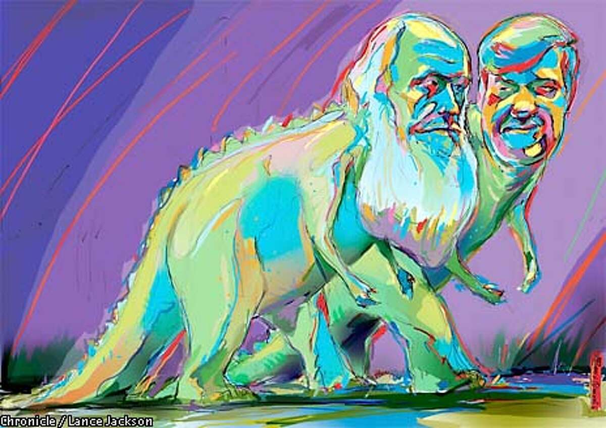 A Darwinian leap: Stephen Jay Gould proposes that catastrophes triggered mass changes in species. Chronicle illustration by Lance Jackson