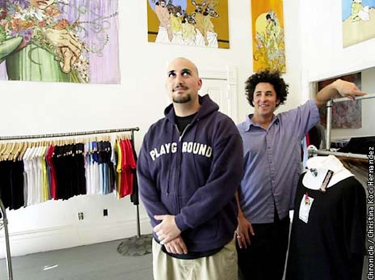 CHRISTINA KOCI HERNANDEZ/CHRONICLE Owners (L to R) Matt Ravell and Adam Krohn'Upper Playground' is a new fashion line based out of the lower Haight.