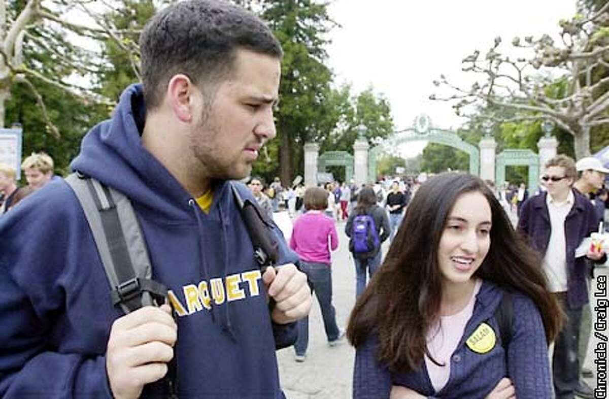 Two Palestinian students, Salam Rafeedie (right, the woman) and Will Youmans (left, the man). Students discussing the Palestine/Israel conflict at UC Berkeley. Tanya Schevitz was the Chronicle reporter. Photo by Craig Lee/San Francisco Chronicle