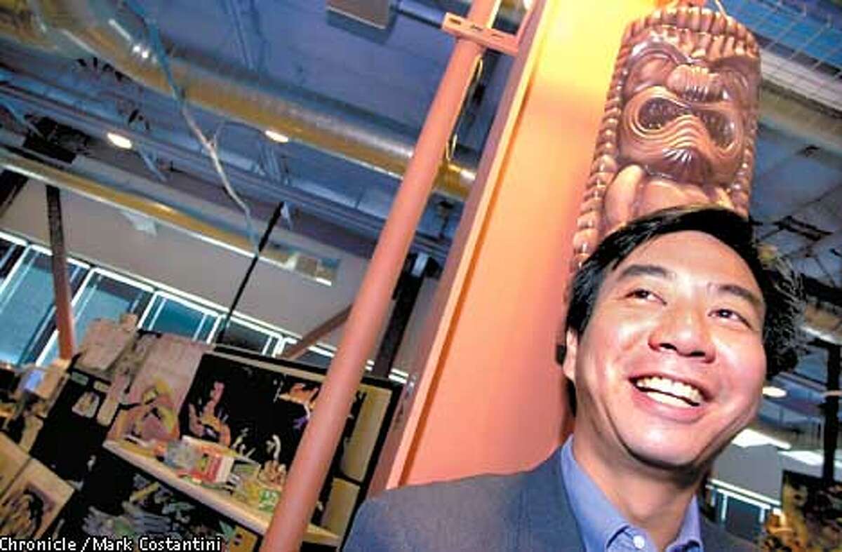 STOCKS30-C-29MAR02-BU-MC -- UNDER A TOTEM POLE(A PROMO PIECE FOR A COMPUTER GAME CALLED CRASH BANDICOOT) STANDS MARK JUNG, CEO OF SNOWBALL, A HOT BAY AREA STOCK. Photo: Mark Costantini/SF Chronicle