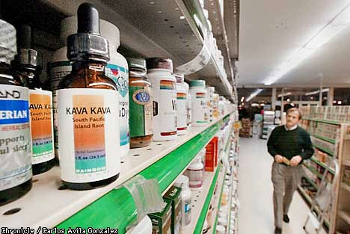 A bottle of Kava Kava in liquid form is shown on the shelves of the Good Health Natural Foods in Pacifica, on Monday, March 25, 2002, the same day the FDA declared the herbal supplement might cause illness in some people. (CARLOS AVILA GONZALEZ/SAN FRANCISCO CHRONICLE)