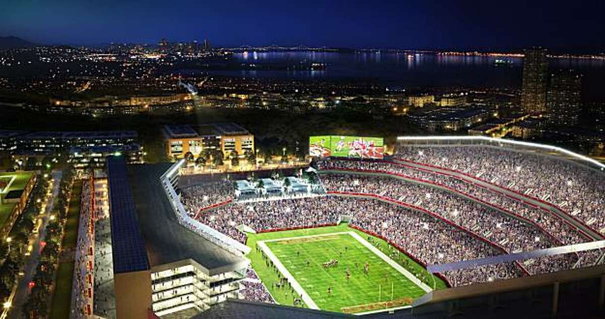 An artist's rendering of a proposed San Francisco 49ers stadium at a redeveloped Hunters Point. The team is pursuing a new stadium in Santa Clara, but Mayor Gavin Newsom is trying to convince them to remain in San Francisco.