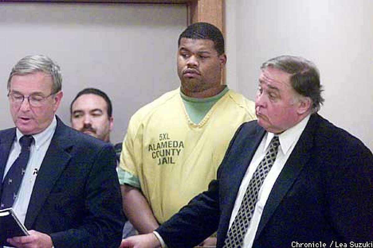 from left: Du Bois, Russell and Gibbs. From right: OAKLAND Raiders' Darrell Russell along with Ali Hayes and Naeem Perry are charged and arraigned today with sexual assault for allegedly drugging a woman and assaulting her in an Alameda home last week. Russell attorney is Anthony Gibbs, Hayes attorney is William Du Bois, Perry attorney is Larry Ward. Photo by Lea Suzuki/SAN FRANCISCO CHRONICLE
