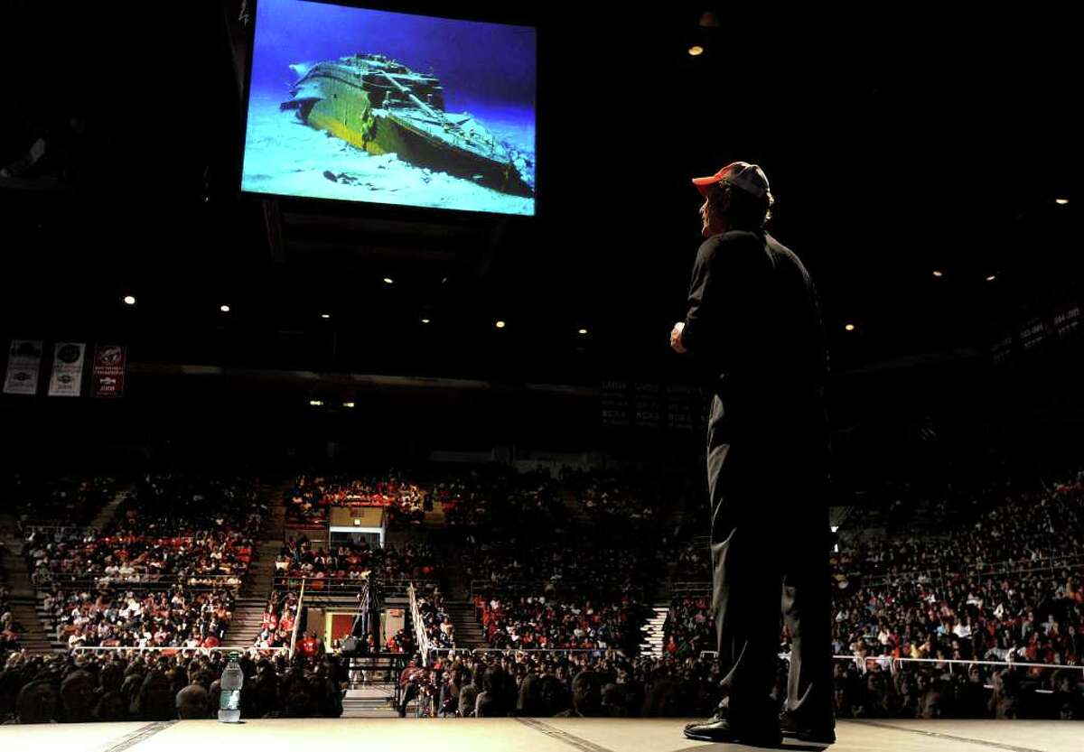 Famed scientist Robert Ballard speaks to thousands of area students Tuesday about his discovery of the RMS Titanic in 1985. Pictured is an underwater photo of the famous ship that sunk in 1912 while en route to New York City. Photo taken Tuesday, January 31, 2012 Guiseppe Barranco/The Enterprise