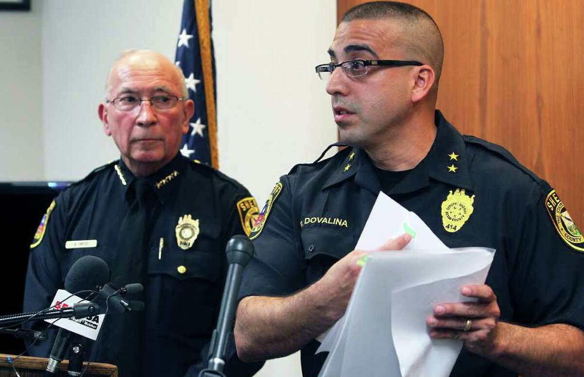 METRO Jail Administrator Roger Dovalina cites numbers from a report about staff hours as Bexar County Sheriff Amadeo Ortiz speaks at a media conference with Texas Commission on Jail Standards director, Adan Munoz on January 31, 2012 Tom Reel/ San Antonio Express-News