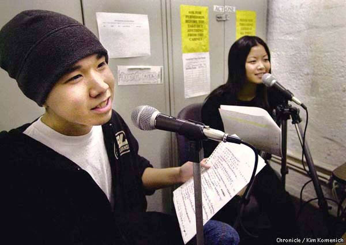 Youth Voice is a radio show in Cantonese produced by teens. We witness a taping at their studio at the Community Educational Services offices at 80 Fresno Street. L to R are Andrew Wen, 18, Carrie Mai, 18, at microphones CHRONICLE PHOTO BY KIM KOMENICH