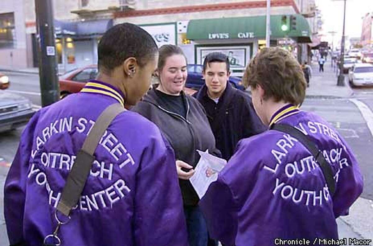 For-Profit Companies are offering to funnel money to nonprofit organizations such as the"Larkin Street Youth Center in San Francisco, which serves homeless and runaway youth. An outreach team, Micah Frazier, left jacket and Julie Murphy, in jacket right tallk with Patty O'Donnell and Edgar Avelar about center services on the streets of the Tenderloin. by Michael Macor/The Chronicle