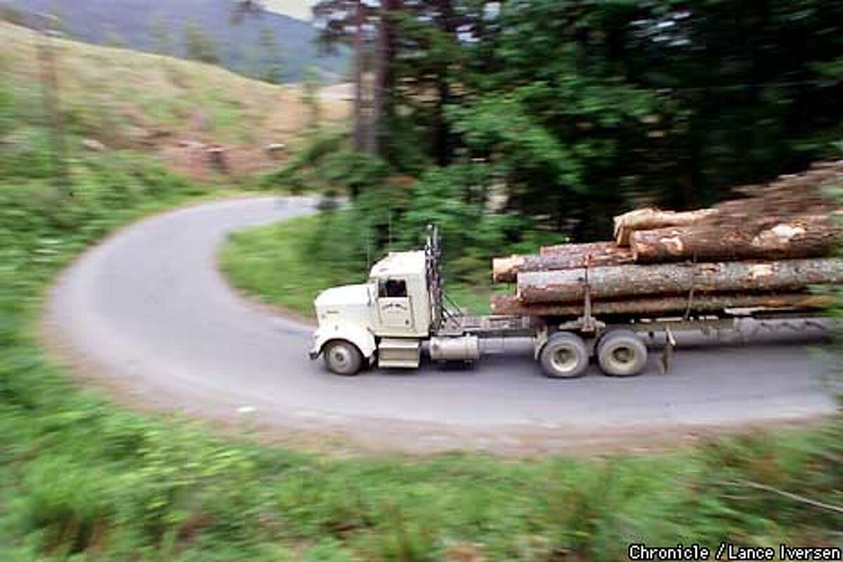 A logging truck makes his way down to the mill in Scotia from Pacific Lumber Co, land that's being harvested west of town. Land owners adjacent to the Mattole River marched on the company offices friday to lodge their dissatisfaction regarding clear cutting above the Mattole River. Erosion up stream over the years as deposited tons of gravel into the river, Changing it's course and trapping much of the water under gravel. By LANCE IVERSEN/SAN FRANCISCO CHRONICLE