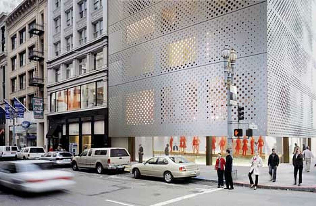 computer renditions of the 10-story Prada West Coast Headquarters that would have a stainless steel exterior. architect is Rem Koolhass. Location is the southeast corner of Post St. and Grant Avenue. Handout art
