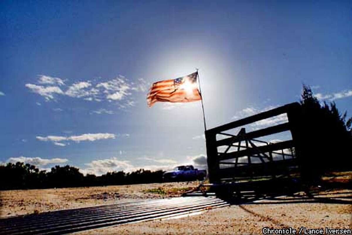 The front gate of a farm just outside of town of Greenfield proudly flies the American flag even though the town, that bills itself as the worlds broccoli capital is now split over the deportation of 39 Wojken indians from Mexico. By LANCE IVERSEN/SAN FRANCISCO CHRONICLE