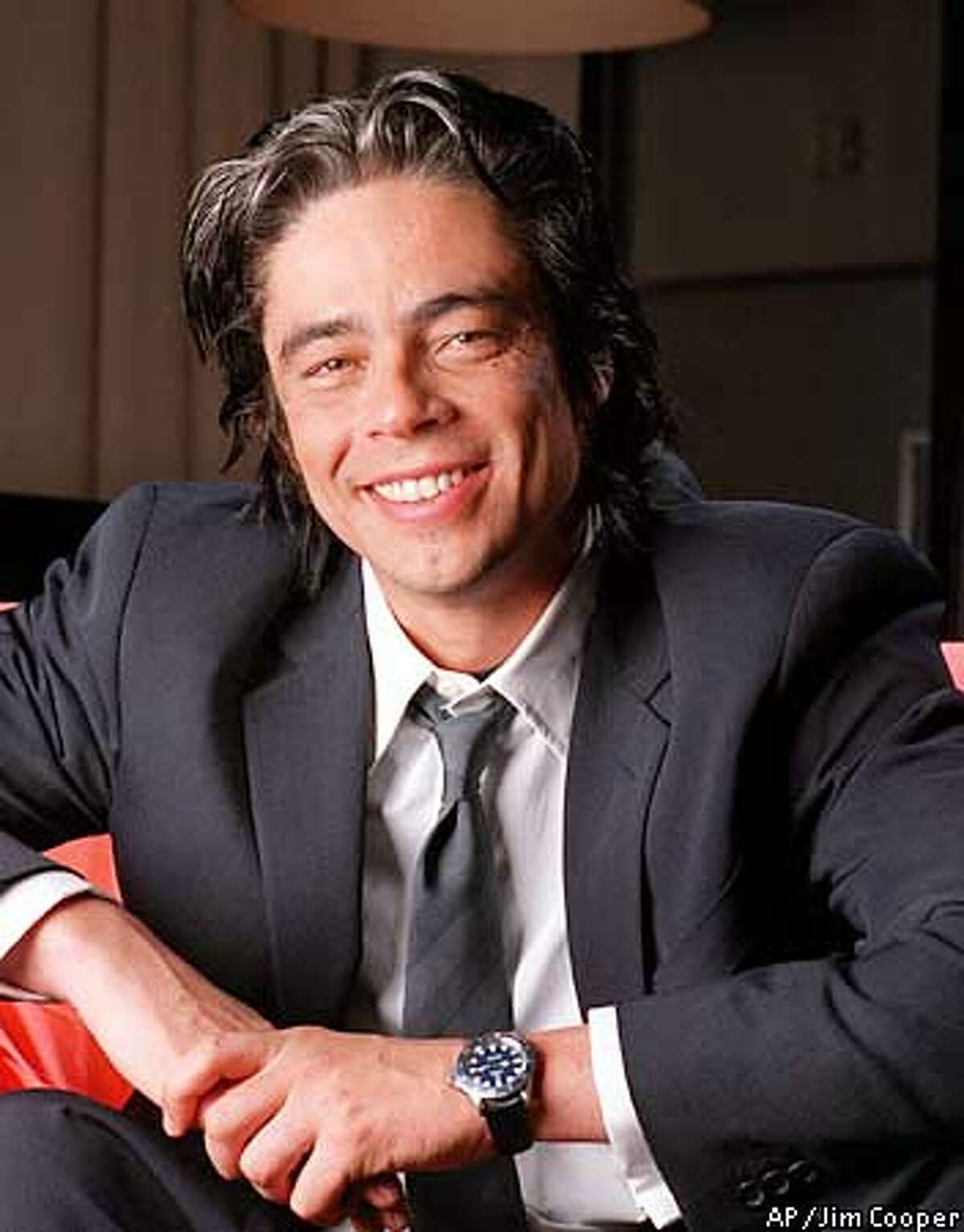 ADVANCE FOR WEEKEND EDITIONS, JAN. 18-21--Actor Benicio Del Toro poses for a photo in New York, Jan. 4, 2001. In Steven Soderbergh's "Traffic," Del Toro, 33, plays weary Tijuana police officer Javier Rodriguez, a role that garnered him the Golden Globe nomination for best supporting actor, a category that includes Jeff Bridges, Willem Dafoe and Albert Finney. He also can be seen in Guy Ritchie's "Snatch," which stars Brad Pitt. (AP Photo/Jim Cooper)