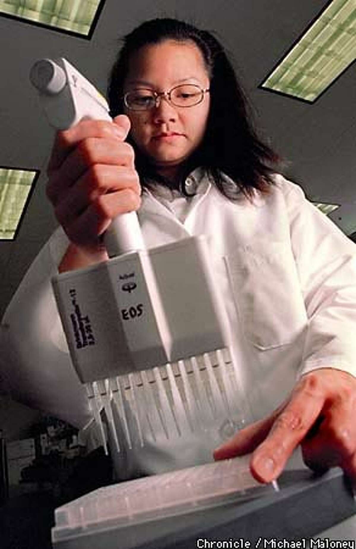 EOS Biotechnology scientist Kim Ha used a pipette to transport a solution. Chronicle Photo by Michael Maloney