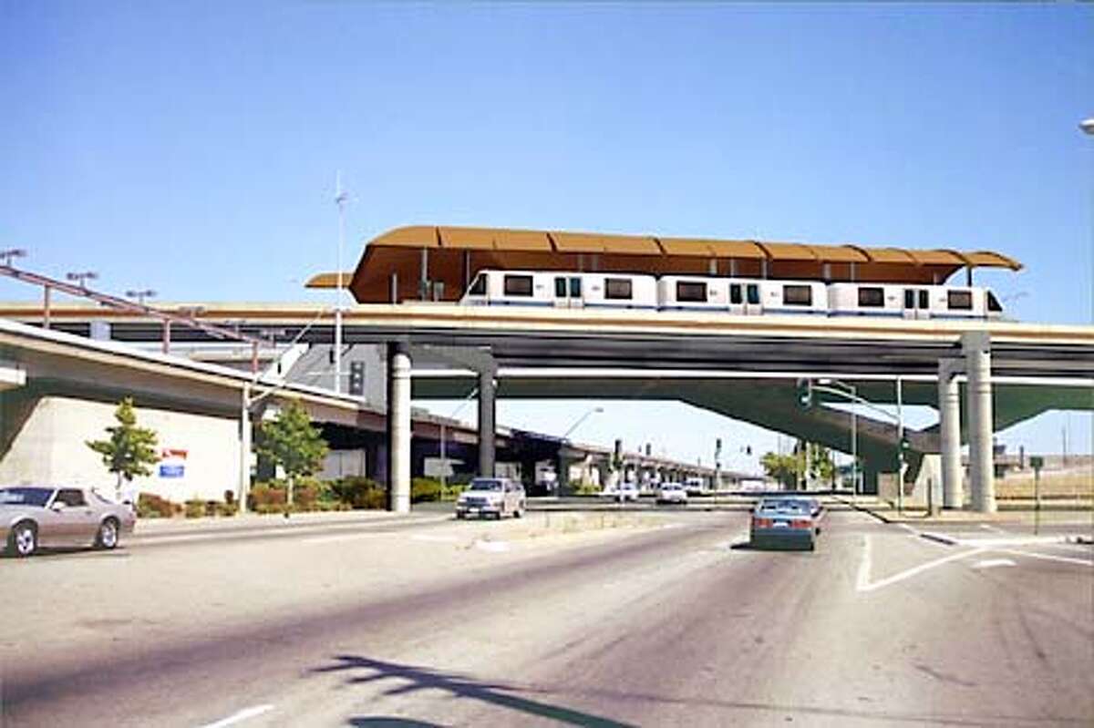 An "automated guideway transit" system proposed for the Detroit Metro Airport, as seen in this computer-generated rendering, is one of the technologies being considered for a light-rail link between the Coliseum BART Station and Oakland International Airport