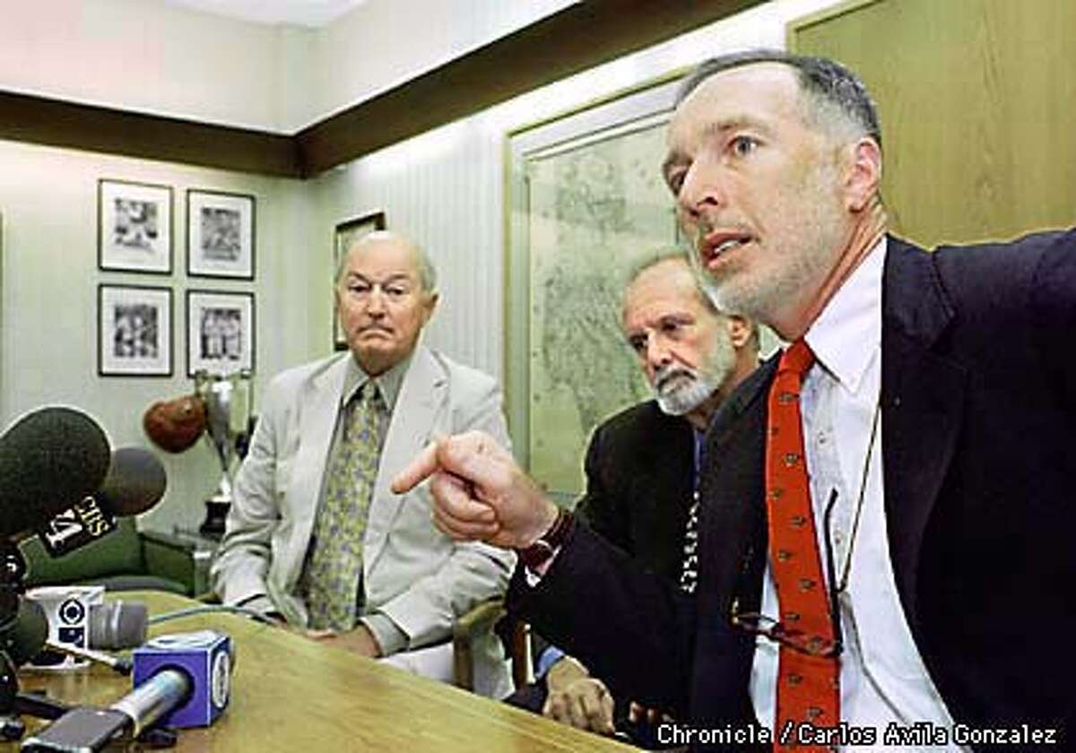 From left to right, Art Bishop, of Southern California, Michael Sheppard, of New Mexico, and Joseph Driscoll, of Monterey California, speak at a press conference announcing a lawsuit against CNN and Time Magazine, after the two media organizations misrepresented the mens' roles in operation Tailwind. The men, and others joining the lawsuit as plaintiffs, were falsely accused by CNN and Time of dropping nerve gas on deserters in Laos during the Vietnam War. (CHRONICLE PHOTO BY CARLOS AVILA GONZALEZ)