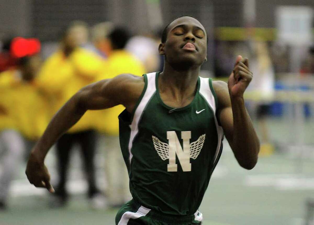 Norwalk's Andy St. Fleur competes in the 55 meter dash, during FCIAC Track Championship action at the New Haven Athletic Center in New Haven, Conn. on Thursday February 2, 2012.